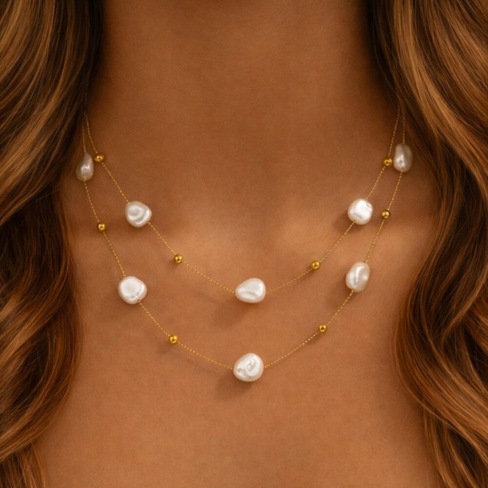 “Aviara” Layered Pearl Necklace Stainless Steel